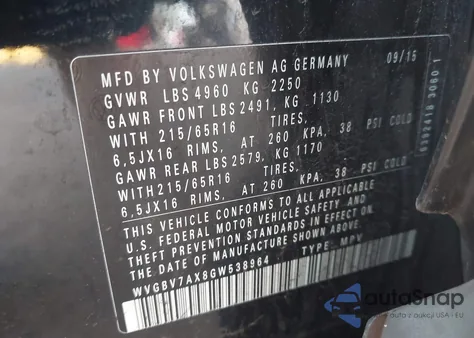 2016 Volkswagen Tiguan S from USA, damaged, VIN WVGBV7AX8GW538964